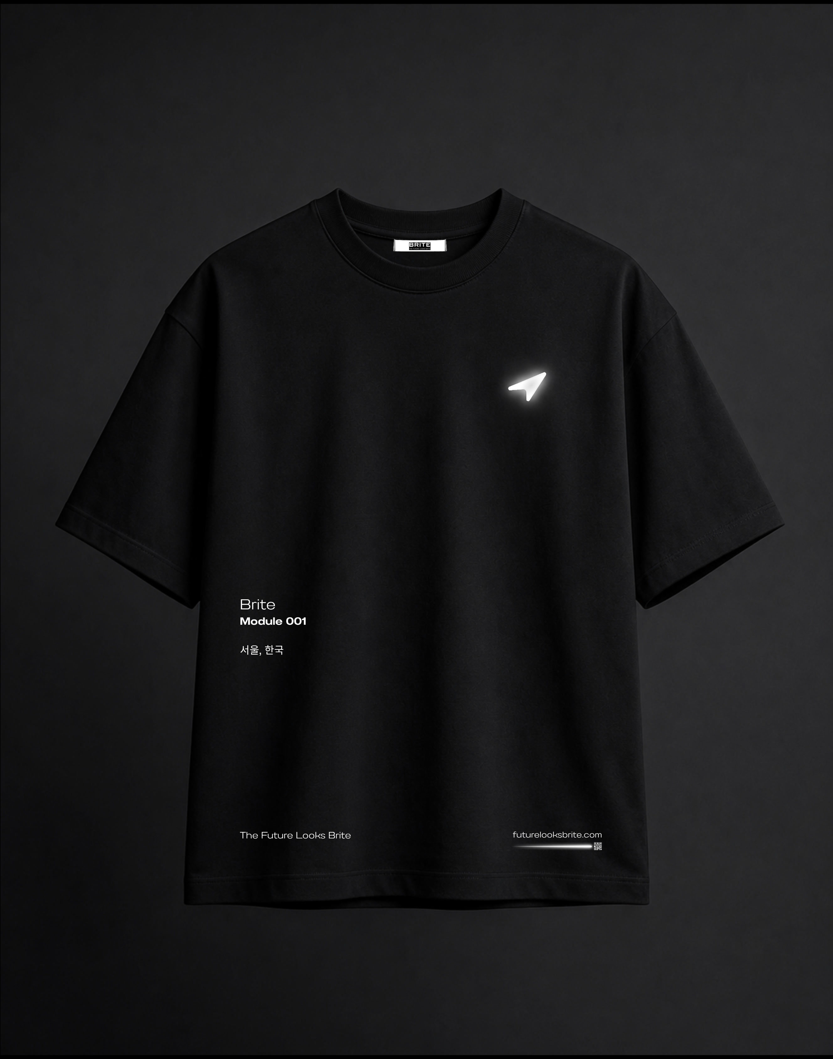 Front of the Brite Module 001 T-shirt, showing its illuminated logo and printed details