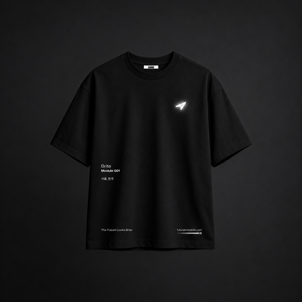 Front of the Brite Module 001 T-shirt, showing its illuminated logo and printed details